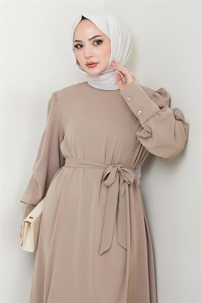 Balon Kol Düz Model Bej Elbise