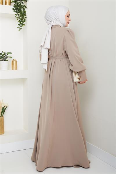 Balon Kol Düz Model Bej Elbise