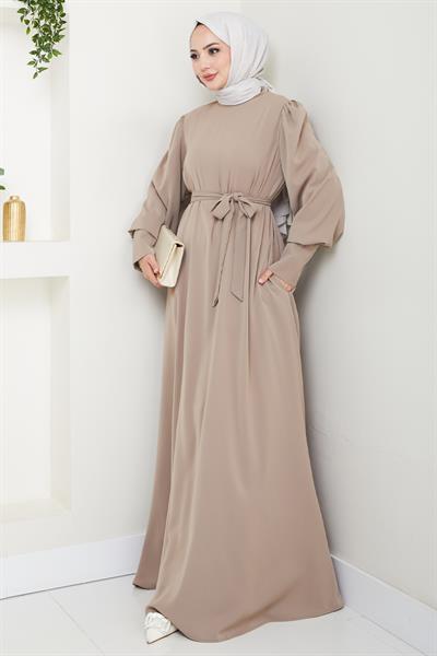 Balon Kol Düz Model Bej Elbise