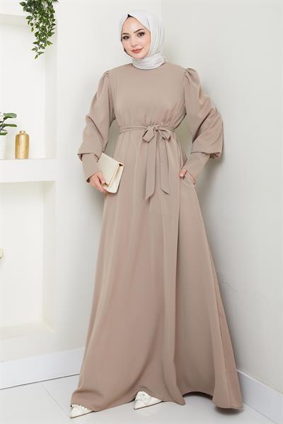 Balon Kol Düz Model Bej Elbise