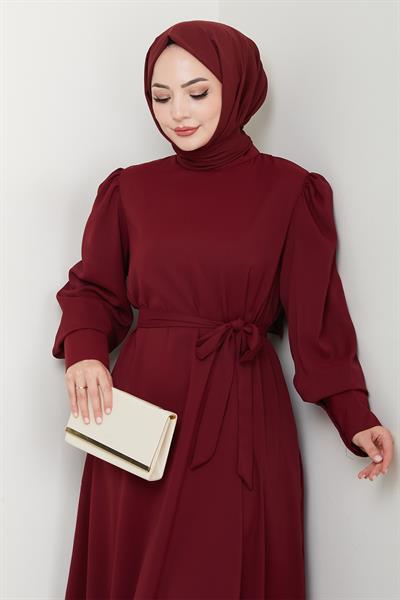 Balon Kol Düz Model Bordo Elbise