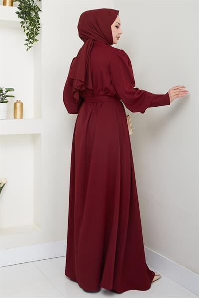 Balon Kol Düz Model Bordo Elbise