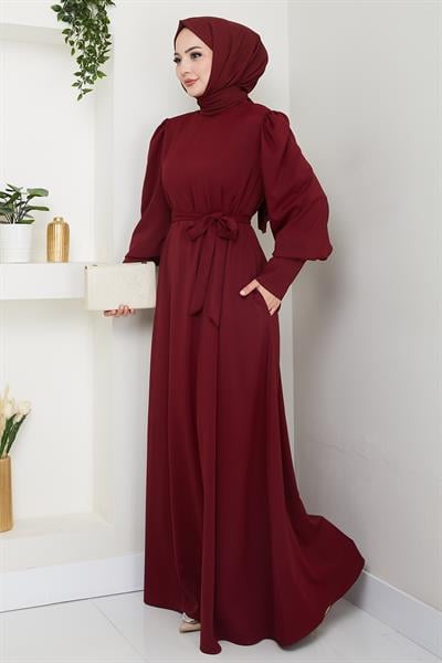 Balon Kol Düz Model Bordo Elbise