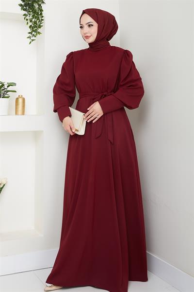 Balon Kol Düz Model Bordo Elbise