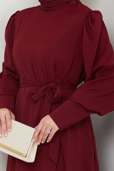 Balon Kol Düz Model Bordo Elbise