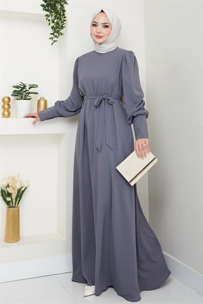 Balon Kol Düz Model Gri Elbise