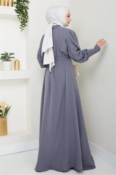 Balon Kol Düz Model Gri Elbise