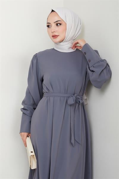 Balon Kol Düz Model Gri Elbise