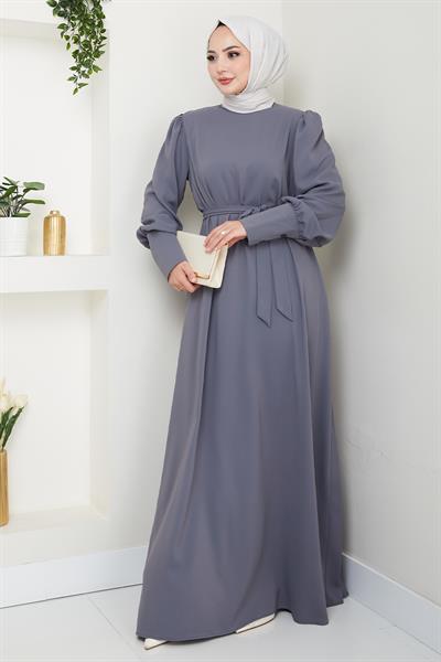 Balon Kol Düz Model Gri Elbise
