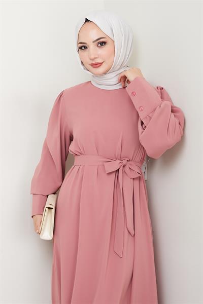 Balon Kol Düz Model Gül Kurusu Elbise