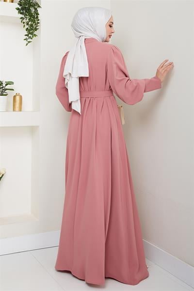 Balon Kol Düz Model Gül Kurusu Elbise