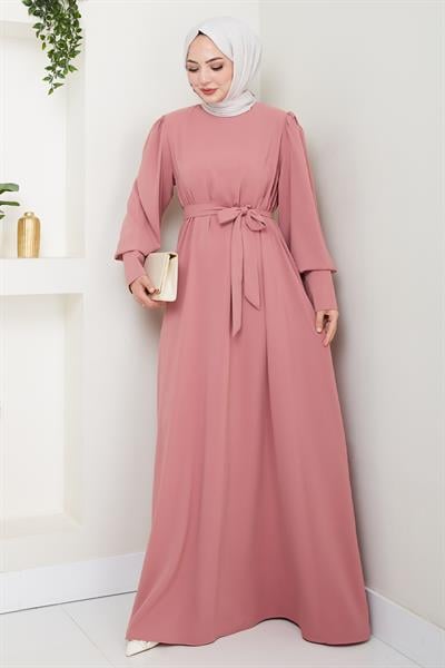 Balon Kol Düz Model Gül Kurusu Elbise