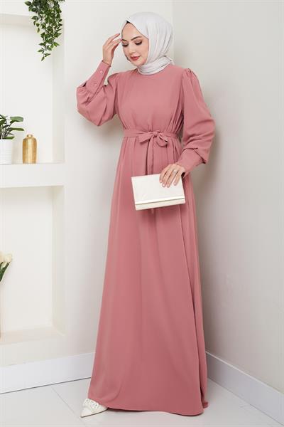 Balon Kol Düz Model Gül Kurusu Elbise