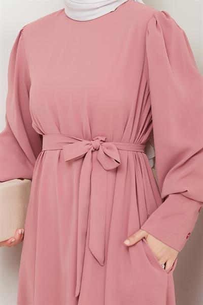 Balon Kol Düz Model Gül Kurusu Elbise