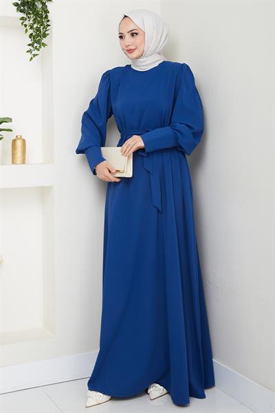 Balon Kol Düz Model İndigo Elbise