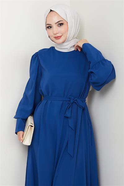 Balon Kol Düz Model İndigo Elbise