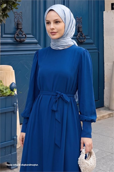 Balon Kol Düz Model İndigo Elbise
