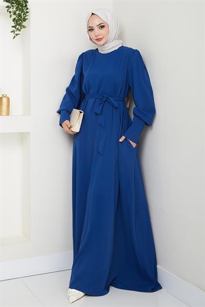 Balon Kol Düz Model İndigo Elbise