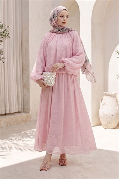 Balon Kol Etekli Pembe Keten Takım