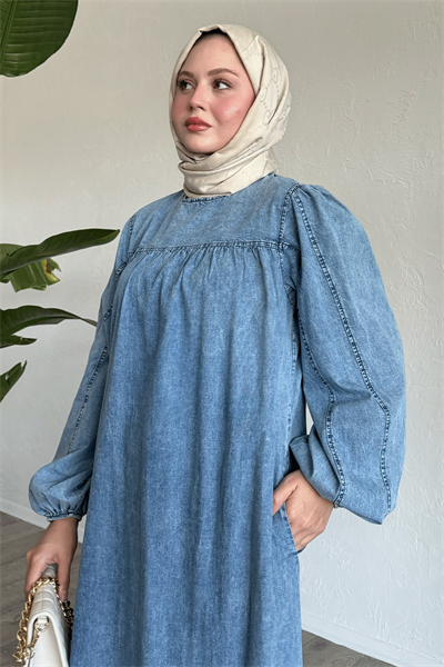 Balon Kol Salaş Mavi Kot Elbise