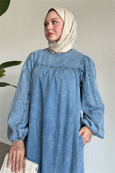 Balon Kol Salaş Mavi Kot Elbise