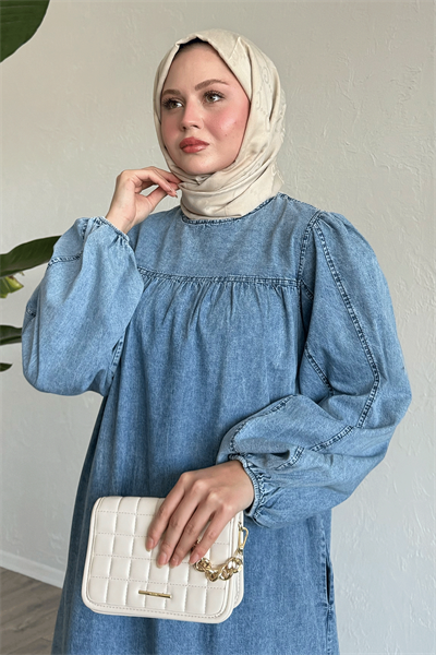 Balon Kol Salaş Mavi Kot Elbise