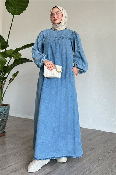 Balon Kol Salaş Mavi Kot Elbise