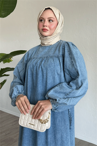 Balon Kol Salaş Mavi Kot Elbise