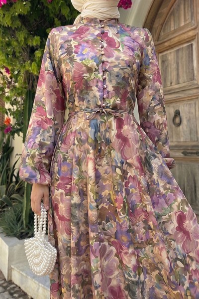 Balon Kol Şifon Çiçekli Gül Kurusu Elbise