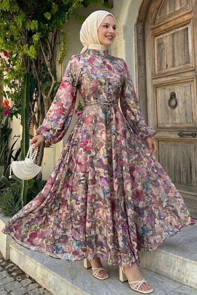 Balon Kol Şifon Çiçekli Gül Kurusu Elbise