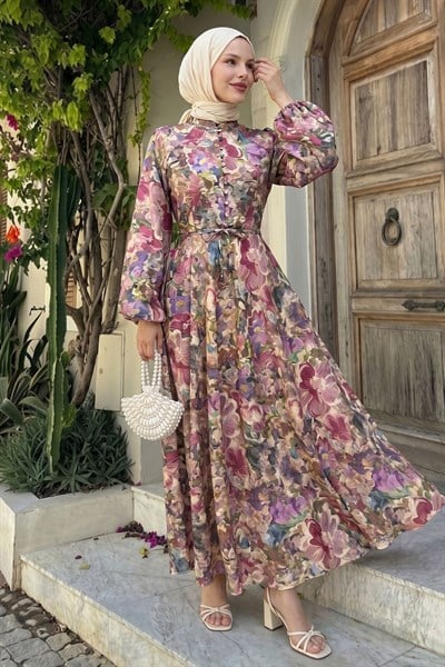 Balon Kol Şifon Çiçekli Gül Kurusu Elbise