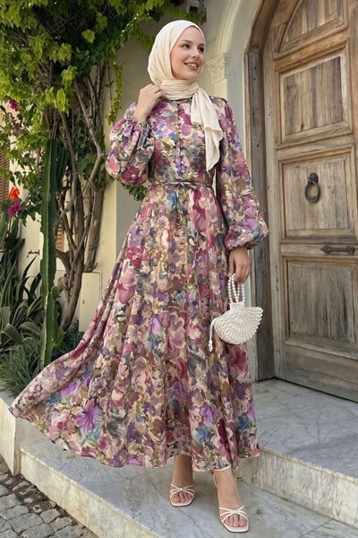 Balon Kol Şifon Çiçekli Gül Kurusu Elbise