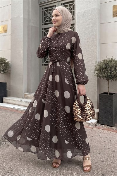 Balon Kol Şifon Puantiyeli Acı Kahve Elbise