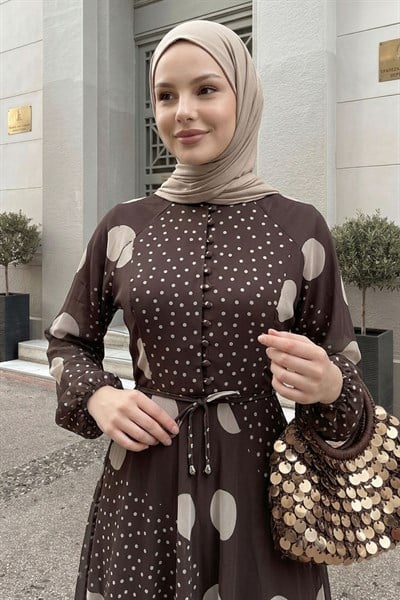 Balon Kol Şifon Puantiyeli Acı Kahve Elbise