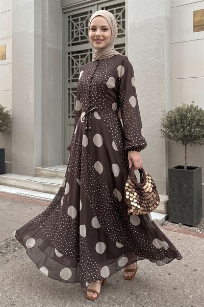 Balon Kol Şifon Puantiyeli Acı Kahve Elbise