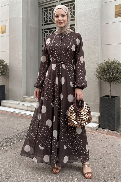 Balon Kol Şifon Puantiyeli Acı Kahve Elbise