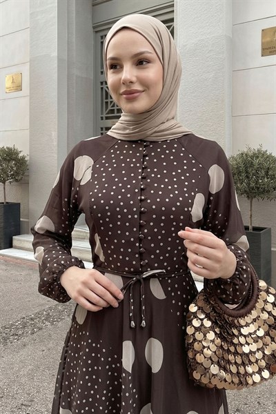 Balon Kol Şifon Puantiyeli Acı Kahve Elbise