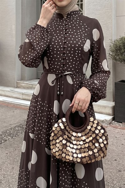 Balon Kol Şifon Puantiyeli Acı Kahve Elbise