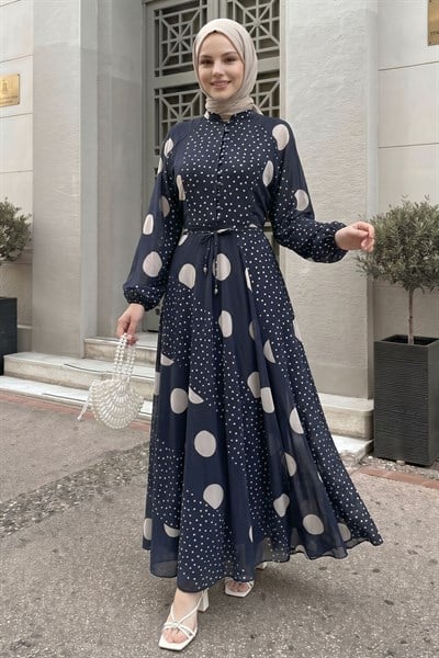 Balon Kol Şifon Puantiyeli Lacivert Elbise