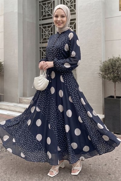 Balon Kol Şifon Puantiyeli Lacivert Elbise