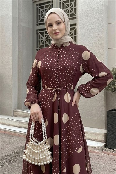 Balon Kol Şifon Puantiyeli Mürdüm Elbise