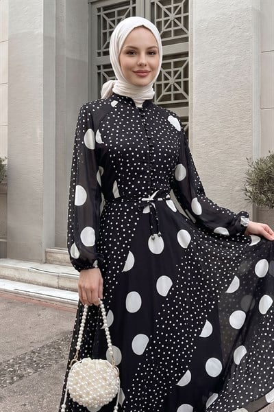 Balon Kol Şifon Puantiyeli Siyah Elbise