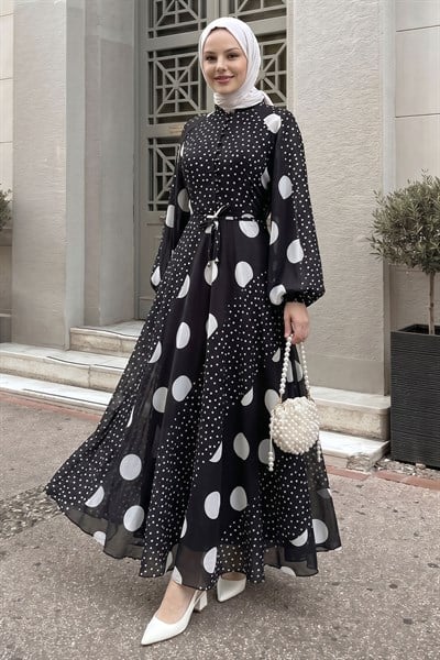 Balon Kol Şifon Puantiyeli Siyah Elbise
