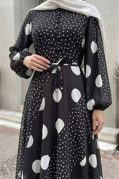 Balon Kol Şifon Puantiyeli Siyah Elbise