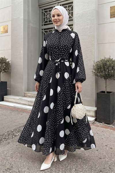 Balon Kol Şifon Puantiyeli Siyah Elbise