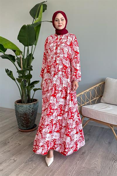 Balon Kol Tropikal Kırmızı Viskon Elbise