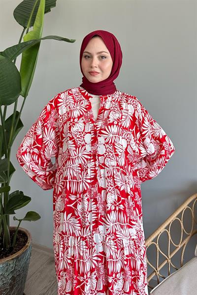 Balon Kol Tropikal Kırmızı Viskon Elbise