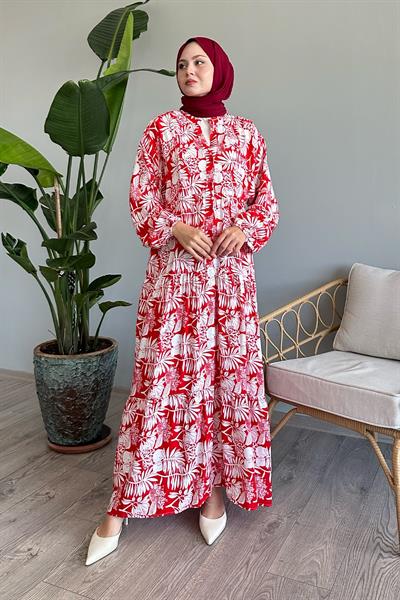 Balon Kol Tropikal Kırmızı Viskon Elbise