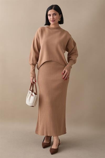 Balon Kollu Elbiseli Camel Triko Takım