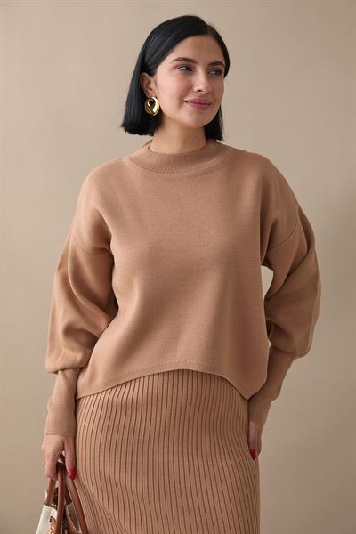 Balon Kollu Elbiseli Camel Triko Takım